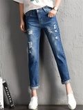 New Women Fashion Mid Waist Boyfriend Big Ripped Hole Jeans