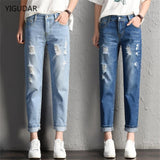 New Women Fashion Mid Waist Boyfriend Big Ripped Hole Jeans