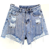 Women luxurious Tassel Rhinestone Fringed Hole Jeans Shorts Female
