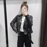 Pu Leather Bomber Jacket With Belt Women Irregular