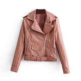 Pu Leather Bomber Jacket With Belt Women Irregular