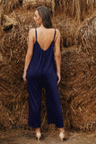 Casual Dark Blue Spaghetti Straps Pocketed Wide Leg Jumpsuits