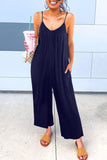 Casual Dark Blue Spaghetti Straps Pocketed Wide Leg Jumpsuits